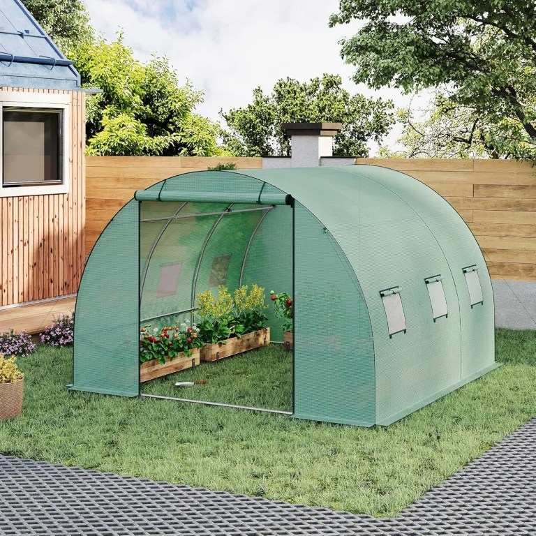 WOLTU Gewächshaus, Foliengewächshaus für Aufzucht Tomaten, Tomatenhaus Winterfest mit Tür 6 Fenstern, aus Stahlrohr PE, 300 x 300 x 200 cm, Grün – Bild 2