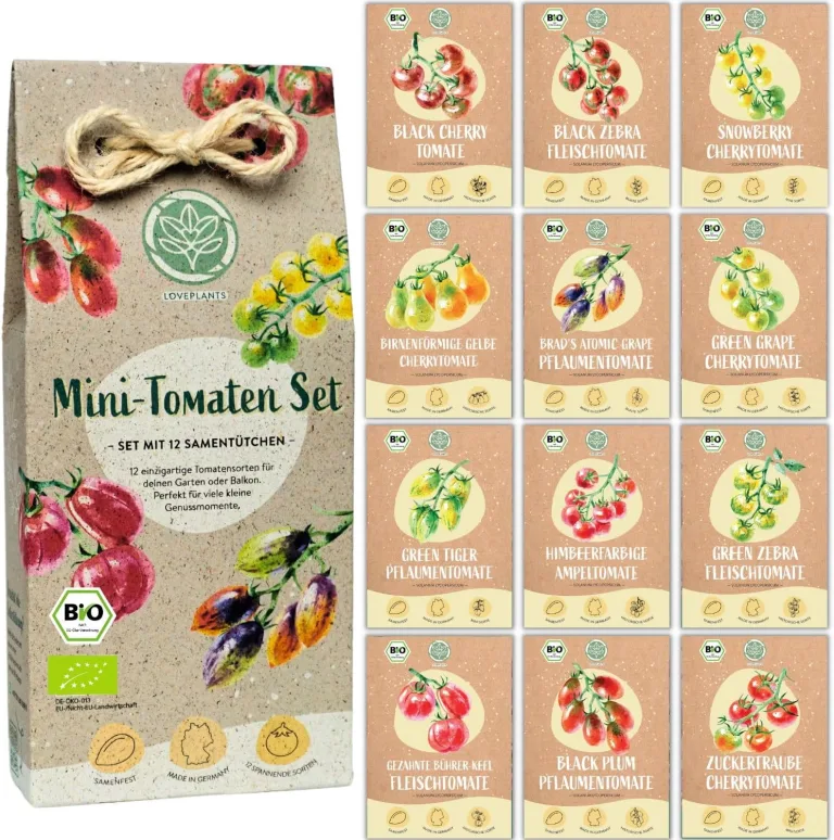 BIO mini Tomatensamen Set: 12 samenfeste Tomatensorten | Tomaten Saatgut mit seltene & alte Cocktail, Cherry & Fleischtomaten | Gemüse Samen für Balkon, Hochbeet, Garten & als Geschenk | Loveplants – Bild 1
