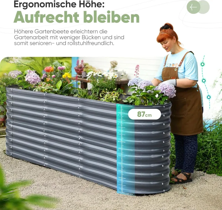 KING BIRD Hochbeet Verzinkter Stahl flanzkasten Gartenkasten 240 x 60 x 87 cm Grau Gartenbeet Frühbeet Garten für Blumen, Obst, Gemüse – Bild 3
