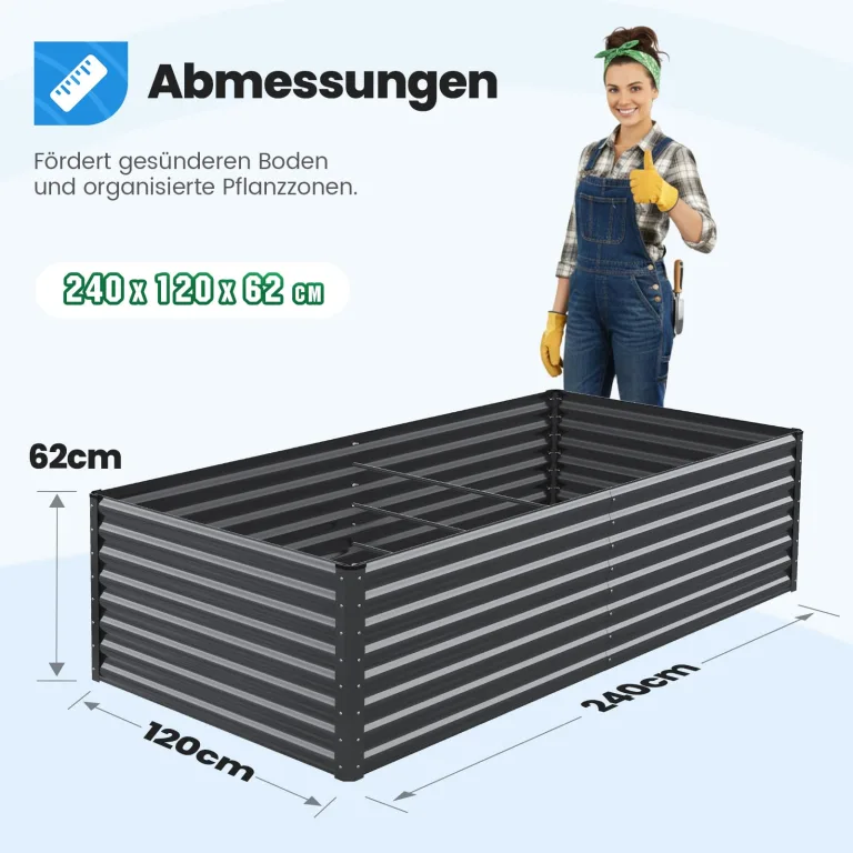 Quictent Hochbeet Metall 240x120x62cm, Wetterfestes Erhöhte Extragroße Pflanzenbeet, Gemüsebeet Pflanzkasten Frühbeet mit Tomatenkäfigen, Gartenbeet für Garten,Grau – Bild 4