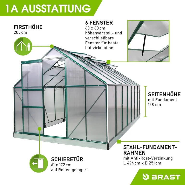 BRAST Gewächshaus Aluminium mit Fundament | 42 Modelle | 130x190x195cm - 490x250x235cm | TÜV geprüft | 6mm Hohlkammerplatten | rostfrei wetterfest temperaturbeständig | 490x250x205cm Grün – Bild 7