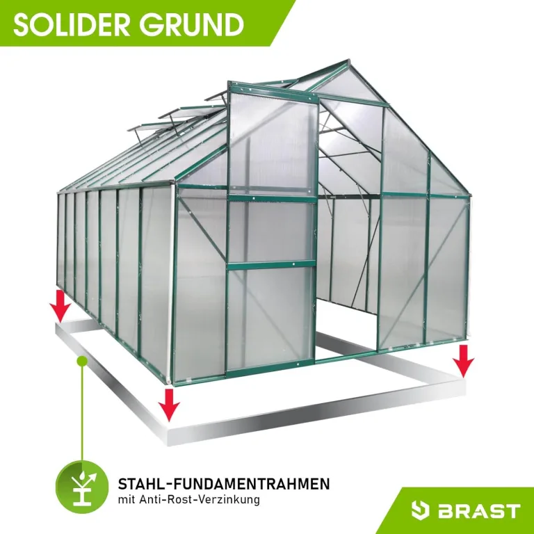 BRAST Gewächshaus Aluminium mit Fundament | 42 Modelle | 130x190x195cm - 490x250x235cm | TÜV geprüft | 6mm Hohlkammerplatten | rostfrei wetterfest temperaturbeständig | 490x250x205cm Grün – Bild 8