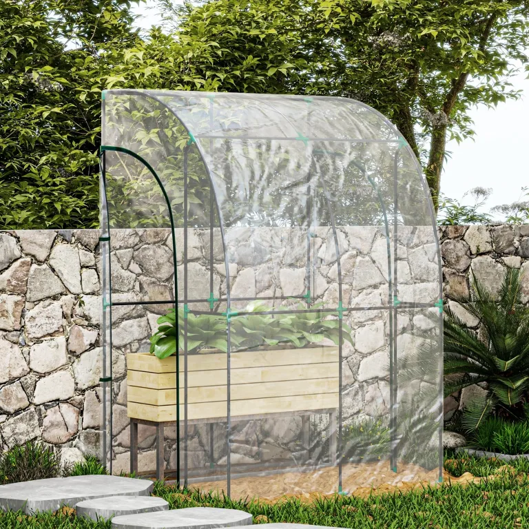 Outsunny Anbau-Garten-Gewächshaus, Balkongewächshaus, verstärkte Abdeckplane aus PVC, Gestell aus Stahl, 2 aufrollbare Reißverschlusstüren, für Gemüse, Blumen, drinnen und draußen, 143 x 118 x 212 cm, – Bild 9