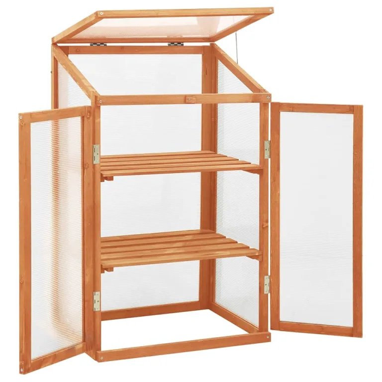 3 stufiges Frühbeet aus Holz, Mini Gewächshaus mit 2 Regalen & 2 Türen, Frühbettkasten Pflanzenhaus Pflanzschrank Pflanzenschrank Aufzuchtschrank für Garten & Balkon, 60x45x100 cm – Bild 2