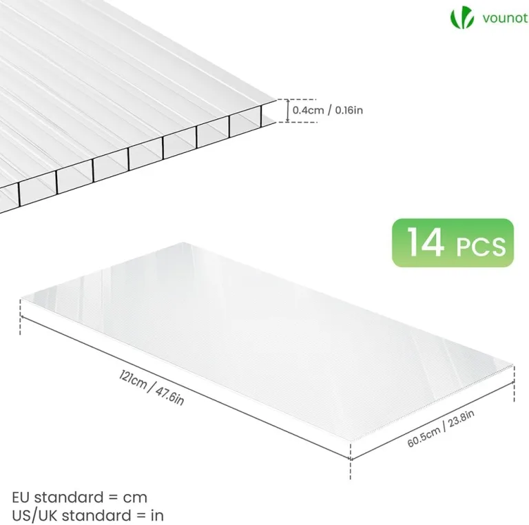 VOUNOT® 14x Doppelstegplatten 4mm aus Polycarbonat, klar & zuschneidbar, UV-beständig & bruchsicher, Hohlkammerplatten 60,5x121cm (10,3m²) für Gewächshaus, Carport & Überdachung – Bild 6