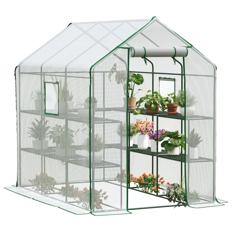 LARMNEE Gewächshaus, Foliengewächshaus, Tomatenhaus, Begehbares tomatengewächshaus, PE Gitterfolie, 14 Regalen und 2 Fenster, Stabil, Garten, Balkon, 145 x 212 x 198 cm, Weiß EWT13GH02G1 – Bild 8