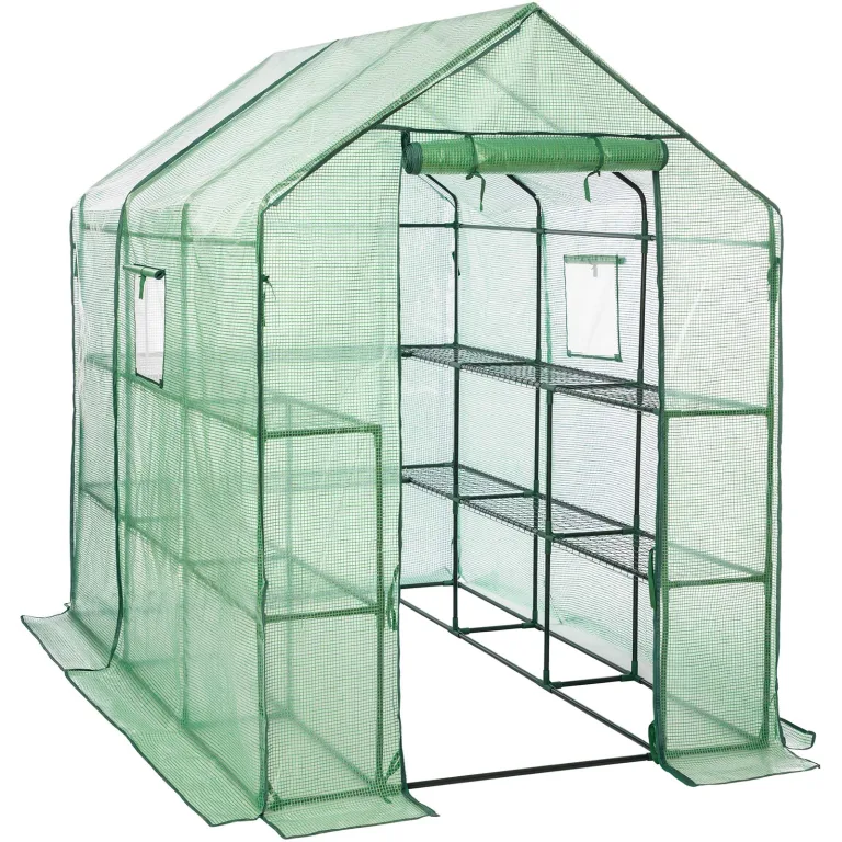 LARMNEE Gewächshaus, Foliengewächshaus, Tomatenhaus, Begehbares tomatengewächshaus, PE Gitterfolie, 14 Regalen und 2 Fenster, Stabil, Garten, Balkon, 145 x 212 x 198 cm, Weiß EWT13GH02G1 – Bild 9