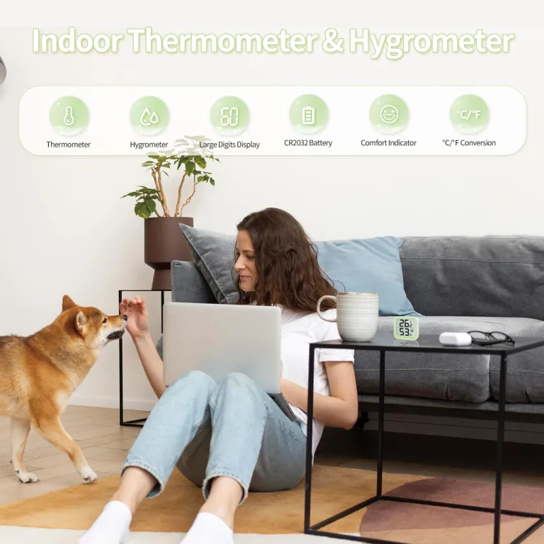 NOKLEAD Thermometer Luftfeuchtigkeitsmesser im Inneren Mini-Hygrometer Monitor Raumtemperaturmessgerät mit Gesichtssymbol Komfortanzeige ℃/℉-Schalter für Babyzimmer,Gewächshaus,Büro(Grün,4,5cm) – Bild 2