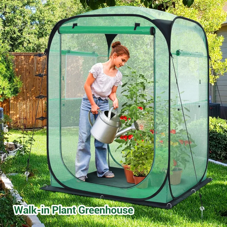 Ohuhu Pop Up Gewächshaus Tomaten Foliengewächshaus Stabil mit PE-Abdeckung und Fernster, Begehbarer Gewächshaus Gewächshaus Klein Winterfest Tomatenhaus für Optimales Pflanzenwachstum Grün – Bild 7