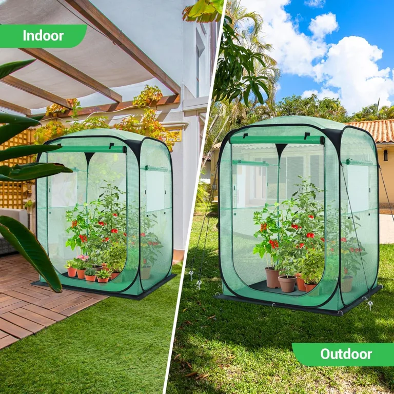 Ohuhu Pop Up Gewächshaus Tomaten Foliengewächshaus Stabil mit PE-Abdeckung und Fernster, Begehbarer Gewächshaus Gewächshaus Klein Winterfest Tomatenhaus für Optimales Pflanzenwachstum Grün – Bild 8
