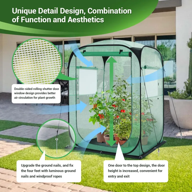 Ohuhu Pop Up Gewächshaus Tomaten Foliengewächshaus Stabil mit PE-Abdeckung und Fernster, Begehbarer Gewächshaus Gewächshaus Klein Winterfest Tomatenhaus für Optimales Pflanzenwachstum Grün – Bild 4