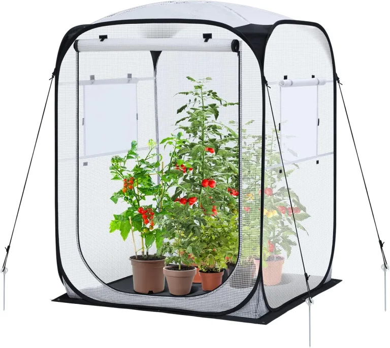 Ohuhu Pop Up Gewächshaus Tomaten Foliengewächshaus Stabil mit PE-Abdeckung und Fernster, Begehbarer Gewächshaus Gewächshaus Klein Winterfest Tomatenhaus für Optimales Pflanzenwachstum Weiß – Bild 1