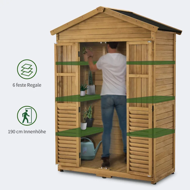 M MCombo Gartenschrank Gartenhaus Holz Wetterfest, Geräteschrank Holzschrank Outdoor Wasserdicht Begehbar, für Außenbereich Balkon Terrasse, Gerätehaus mit 6 Feste Regale 74×143×200 cm (Natur) – Bild 4