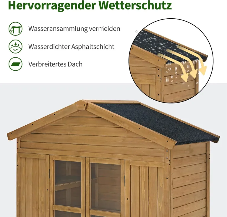 M MCombo Gartenschrank Gartenhaus Holz Wetterfest, Geräteschrank Holzschrank Outdoor Wasserdicht Begehbar, für Außenbereich Balkon Terrasse, Gerätehaus mit 6 Feste Regale 74×143×200 cm (Natur) – Bild 5