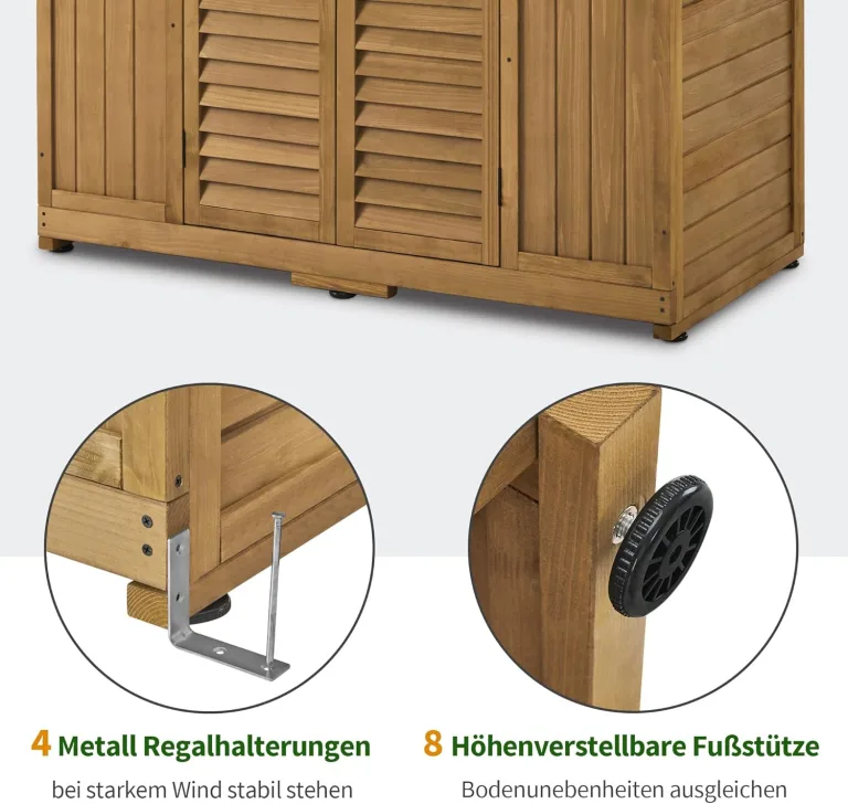 M MCombo Gartenschrank Gartenhaus Holz Wetterfest, Geräteschrank Holzschrank Outdoor Wasserdicht Begehbar, für Außenbereich Balkon Terrasse, Gerätehaus mit 6 Feste Regale 74×143×200 cm (Natur) – Bild 6