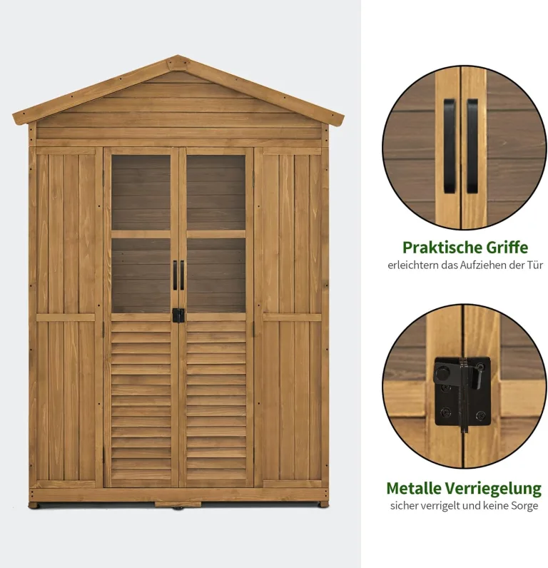 M MCombo Gartenschrank Gartenhaus Holz Wetterfest, Geräteschrank Holzschrank Outdoor Wasserdicht Begehbar, für Außenbereich Balkon Terrasse, Gerätehaus mit 6 Feste Regale 74×143×200 cm (Natur) – Bild 7