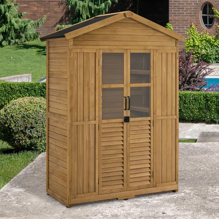 M MCombo Gartenschrank Gartenhaus Holz Wetterfest, Geräteschrank Holzschrank Outdoor Wasserdicht Begehbar, für Außenbereich Balkon Terrasse, Gerätehaus mit 6 Feste Regale 74×143×200 cm (Natur) – Bild 2