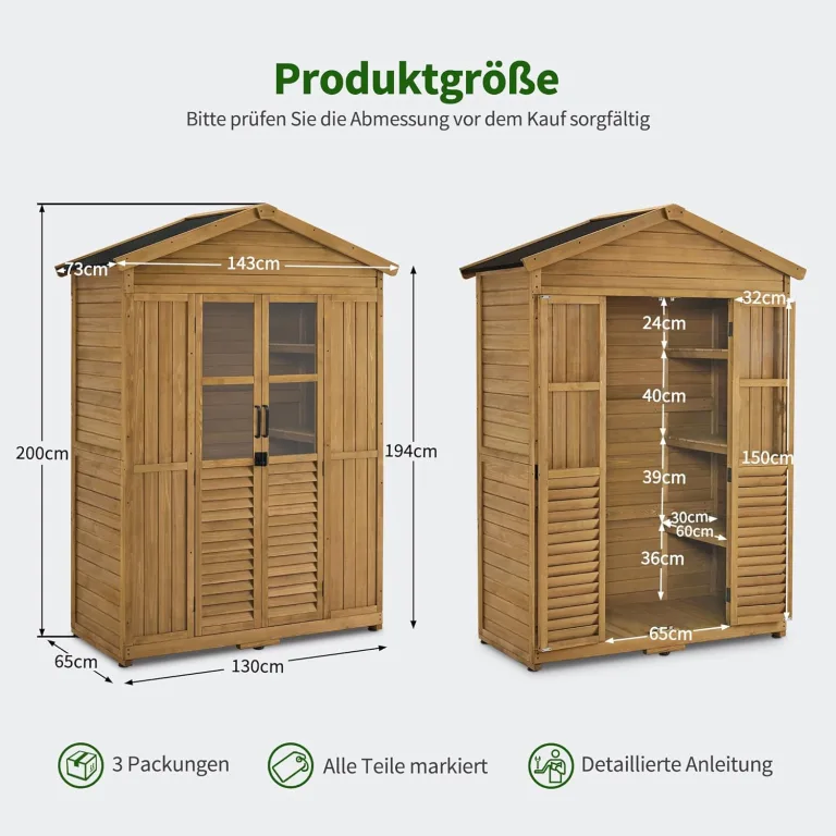 M MCombo Gartenschrank Gartenhaus Holz Wetterfest, Geräteschrank Holzschrank Outdoor Wasserdicht Begehbar, für Außenbereich Balkon Terrasse, Gerätehaus mit 6 Feste Regale 74×143×200 cm (Natur) – Bild 3