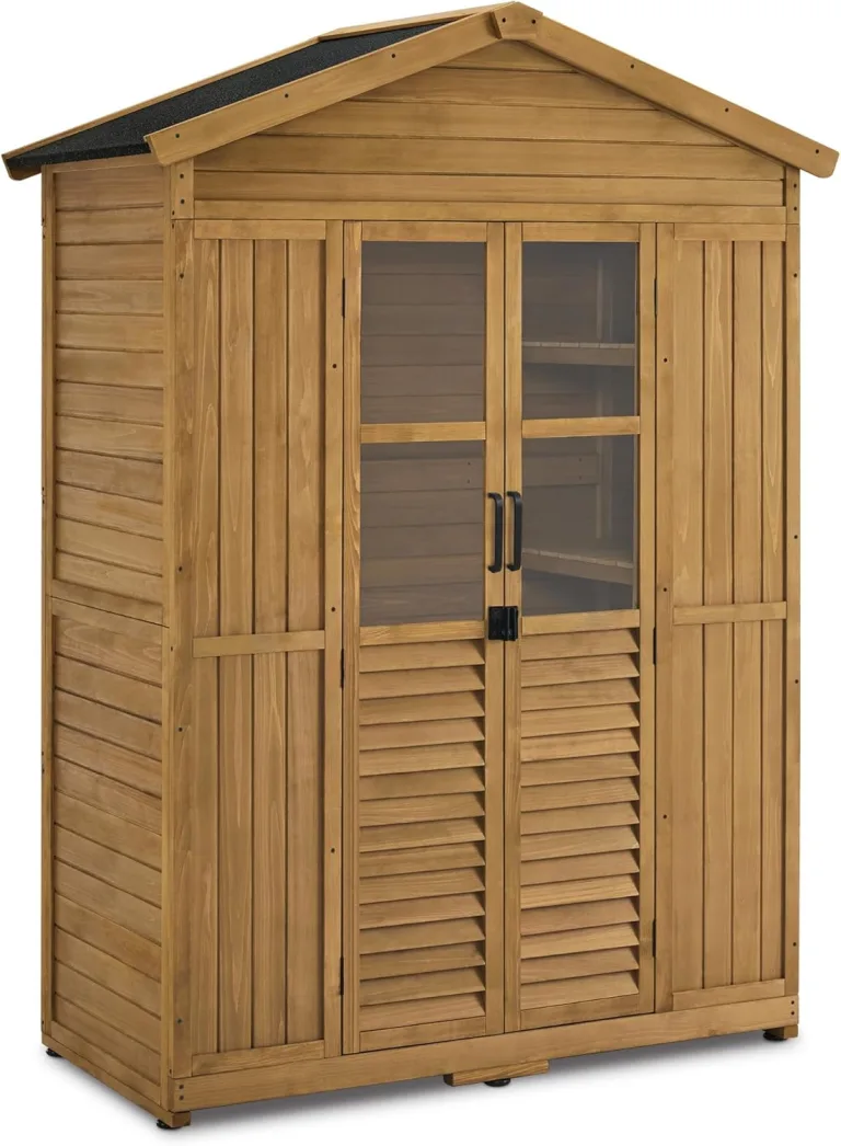 M MCombo Gartenschrank Gartenhaus Holz Wetterfest, Geräteschrank Holzschrank Outdoor Wasserdicht Begehbar, für Außenbereich Balkon Terrasse, Gerätehaus mit 6 Feste Regale 74×143×200 cm (Natur) – Bild 1