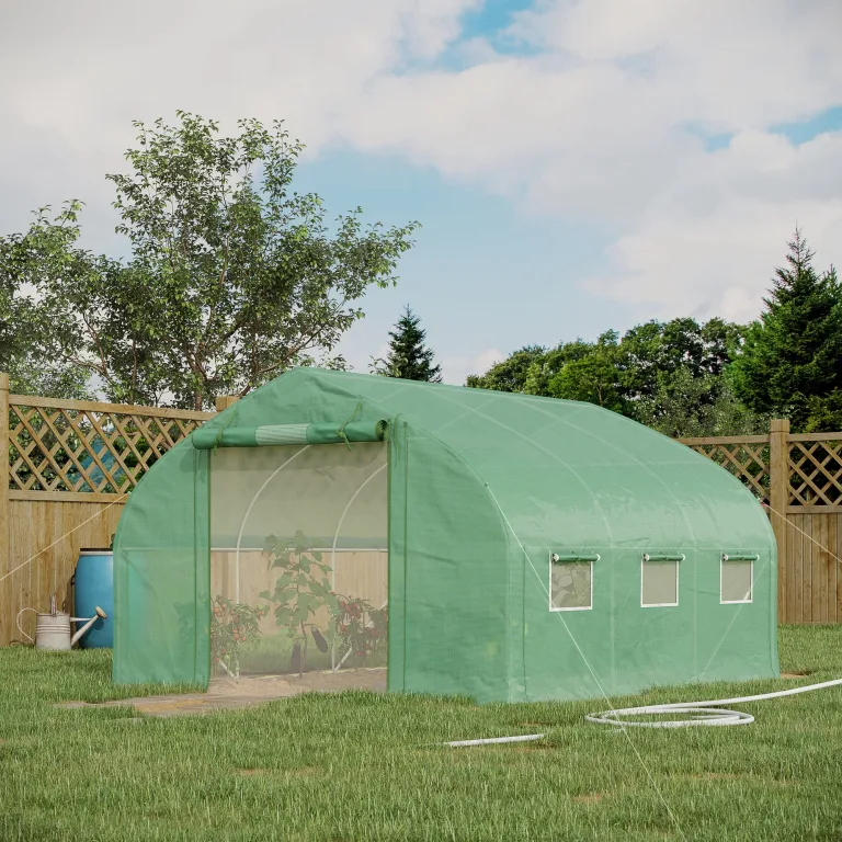 Outsunny Tunnelgewächshaus, 10,4 m², Gartenhaus, UV-beständig, Reißverschlusstür zum Aufrollen, Fenster aus Mesh, verzinktes Stahlrohr und PE 140g/㎡, 350 x 300 x 200 cm, grün – Bild 2