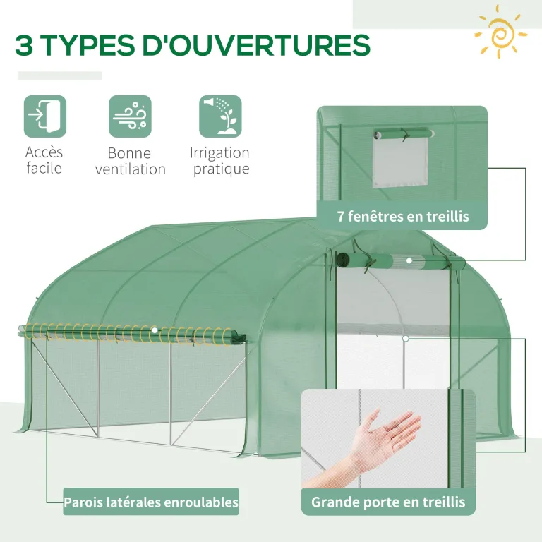 Outsunny Tunnelgewächshaus, 10,4 m², Gartenhaus, UV-beständig, Reißverschlusstür zum Aufrollen, Fenster aus Mesh, verzinktes Stahlrohr und PE 140g/㎡, 350 x 300 x 200 cm, grün – Bild 3