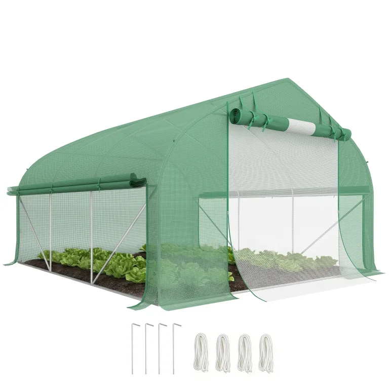 Outsunny Tunnelgewächshaus, 10,4 m², Gartenhaus, UV-beständig, Reißverschlusstür zum Aufrollen, Fenster aus Mesh, verzinktes Stahlrohr und PE 140g/㎡, 350 x 300 x 200 cm, grün – Bild 1