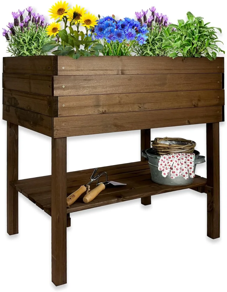 gartenetage Hochbeet XL mit Ablage und Pflanzfolie - Wetterfest, Ergonomisch, Inklusive Schutzlasur, Robustes Kiefernholz, Braun – Bild 1