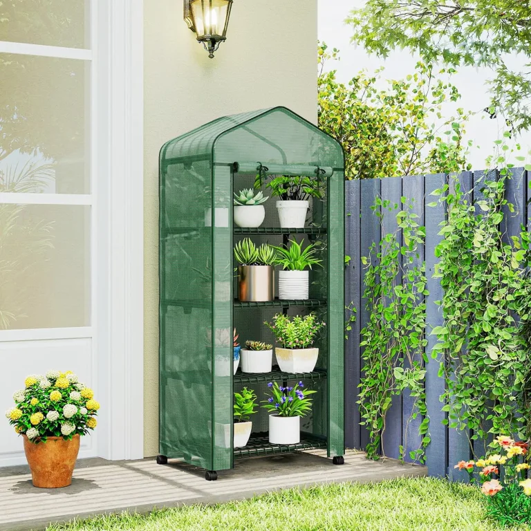 Outsunny Gewächshaus mit Rolle, Regale, Winterfest Foliengewächshaus aus Stahl, Treibhaus für Balkon, Garten, Tomatenhaus 69 x 50 x 165 cm, Tomatengewächshaus für Tomaten, Blumen, Pflanzen, Grün – Bild 8