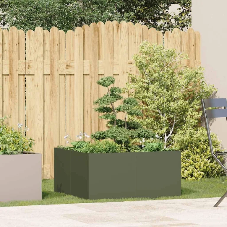 vidaXL Pflanzkübel Olivgrün 80x80x40 cm Kaltgewalzter Stahl, Pflanzschale, Garten-Garten-Pflanzkübel, Outdoor-Pflanzgefäß, Hochbeet, Pflanzgefäß – Bild 2