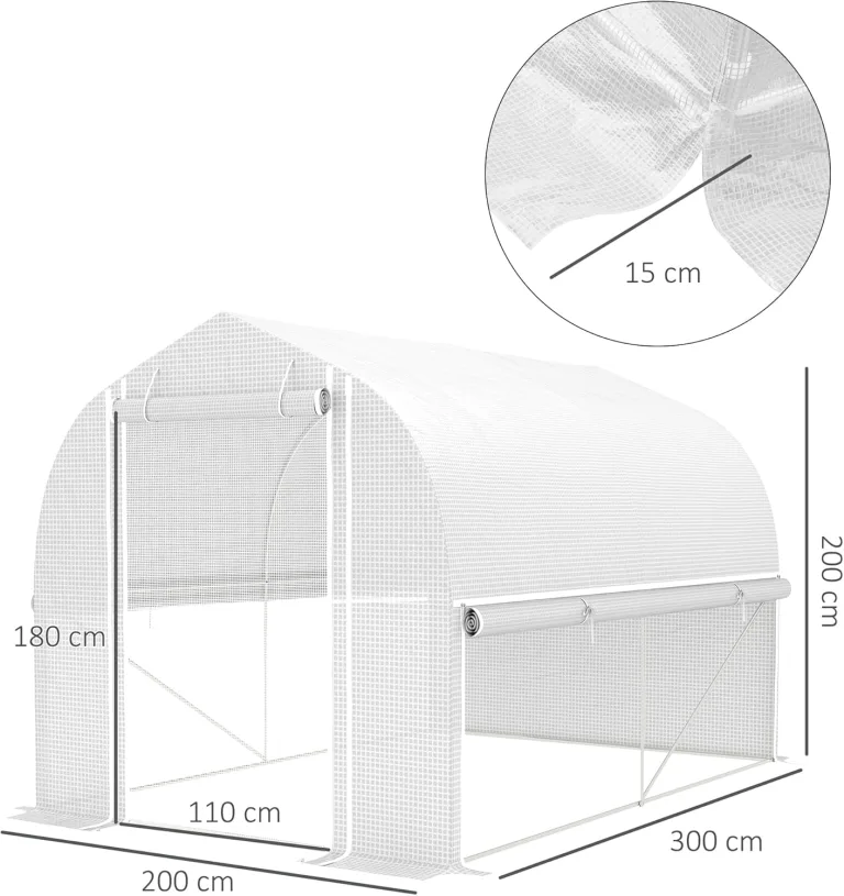 Outsunny Gewächshaus 3 x 2 x 2 m Foliengewächshaus mit 4 Fenster & Tür, Aufrollbar Seitenwänden, UV-beständiger Folientunnel Tomatenhaus mit verzinkten Stahlrahmen, Weiß – Bild 7