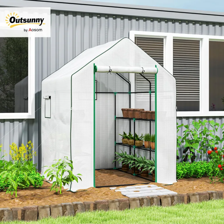 Outsunny Begehbares Gewächshaus mit 3 Etagen 8 Ablagen, kleines Gewächshaus mit verstärkter PE-Abdeckung, Gartenpflanzengewächshaus mit Rolltür und drei Gitterfenstern, 140 x 143 x 190 cm, Weiß – Bild 2