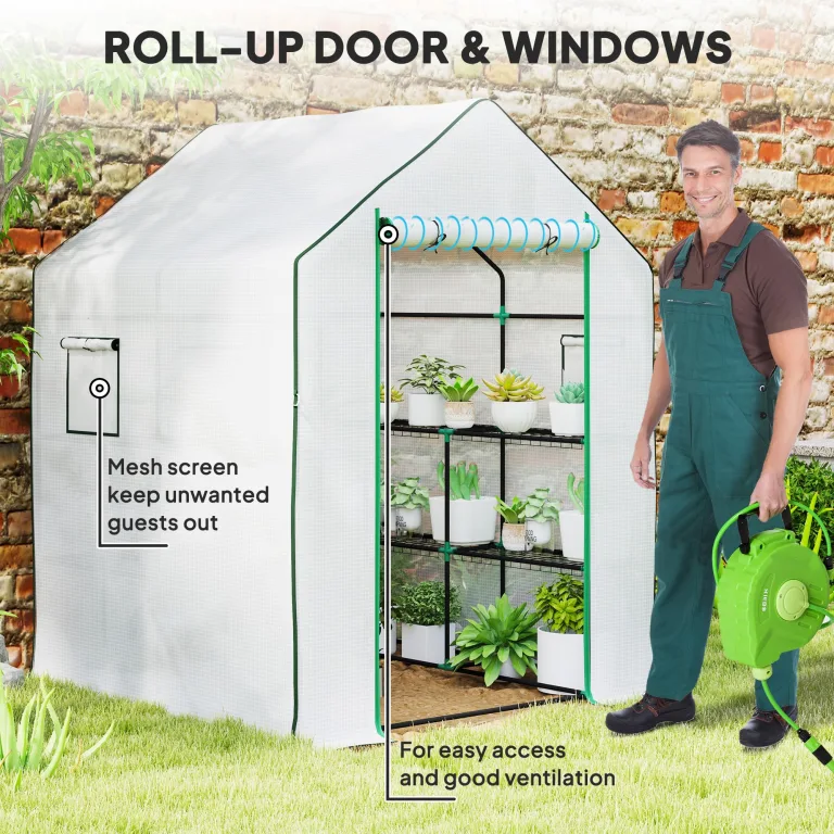 Outsunny Begehbares Gewächshaus mit 3 Etagen 8 Ablagen, kleines Gewächshaus mit verstärkter PE-Abdeckung, Gartenpflanzengewächshaus mit Rolltür und drei Gitterfenstern, 140 x 143 x 190 cm, Weiß – Bild 5