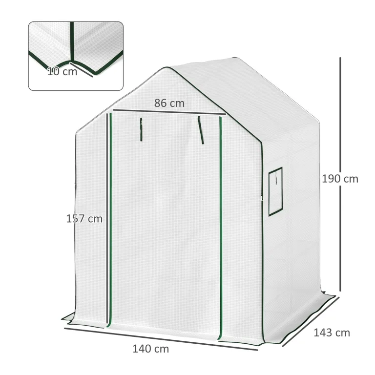 Outsunny Begehbares Gewächshaus mit 3 Etagen 8 Ablagen, kleines Gewächshaus mit verstärkter PE-Abdeckung, Gartenpflanzengewächshaus mit Rolltür und drei Gitterfenstern, 140 x 143 x 190 cm, Weiß – Bild 7