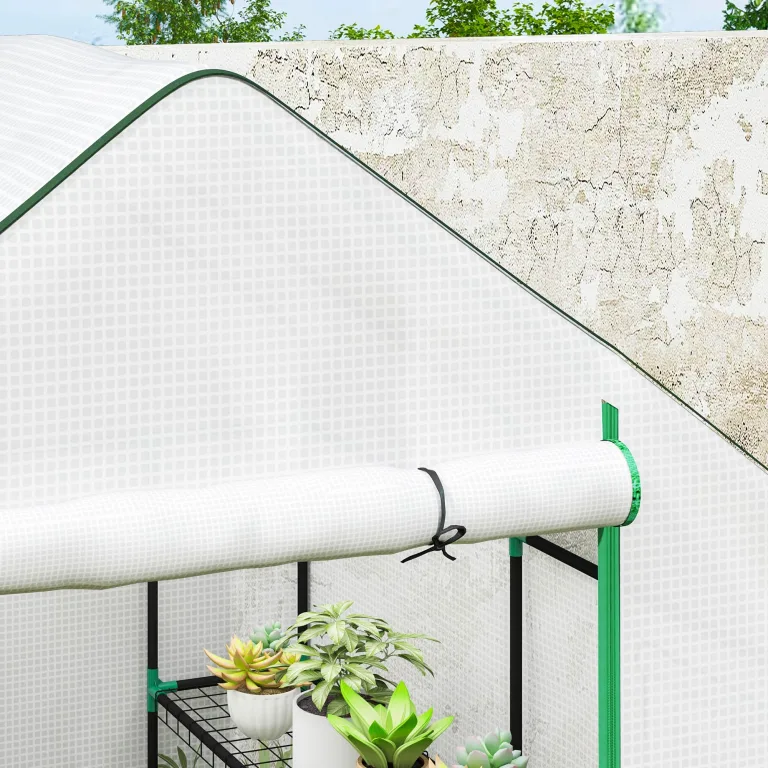 Outsunny Begehbares Gewächshaus mit 3 Etagen 8 Ablagen, kleines Gewächshaus mit verstärkter PE-Abdeckung, Gartenpflanzengewächshaus mit Rolltür und drei Gitterfenstern, 140 x 143 x 190 cm, Weiß – Bild 9