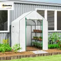 Outsunny Begehbares Gewächshaus mit 3 Etagen 8 Ablagen, kleines Gewächshaus mit verstärkter PE-Abdeckung, Gartenpflanzengewächshaus mit Rolltür und drei Gitterfenstern, 140 x 143 x 190 cm, Weiß - Thumbnail 2