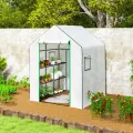 Outsunny Begehbares Gewächshaus mit 3 Etagen 8 Ablagen, kleines Gewächshaus mit verstärkter PE-Abdeckung, Gartenpflanzengewächshaus mit Rolltür und drei Gitterfenstern, 140 x 143 x 190 cm, Weiß - Thumbnail 8