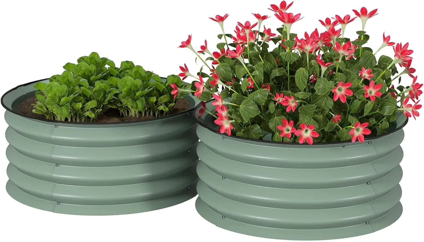 Outsunny 2er-Set Hochbeet aus Stahl, Pflanzbeet Frühbeet Gartenbeet Blumenkasten stapelbar, Pflanzkasten Gemüsebeet Ø60x30cm für Garten Balkon, Pflanzkübel für Blumen, Pflanzen, Gemüse - Bild 1