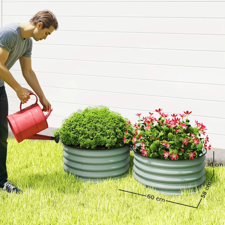 Outsunny 2er-Set Hochbeet aus Stahl, Pflanzbeet Frühbeet Gartenbeet Blumenkasten stapelbar, Pflanzkasten Gemüsebeet Ø60x30cm für Garten Balkon, Pflanzkübel für Blumen, Pflanzen, Gemüse – Bild 7