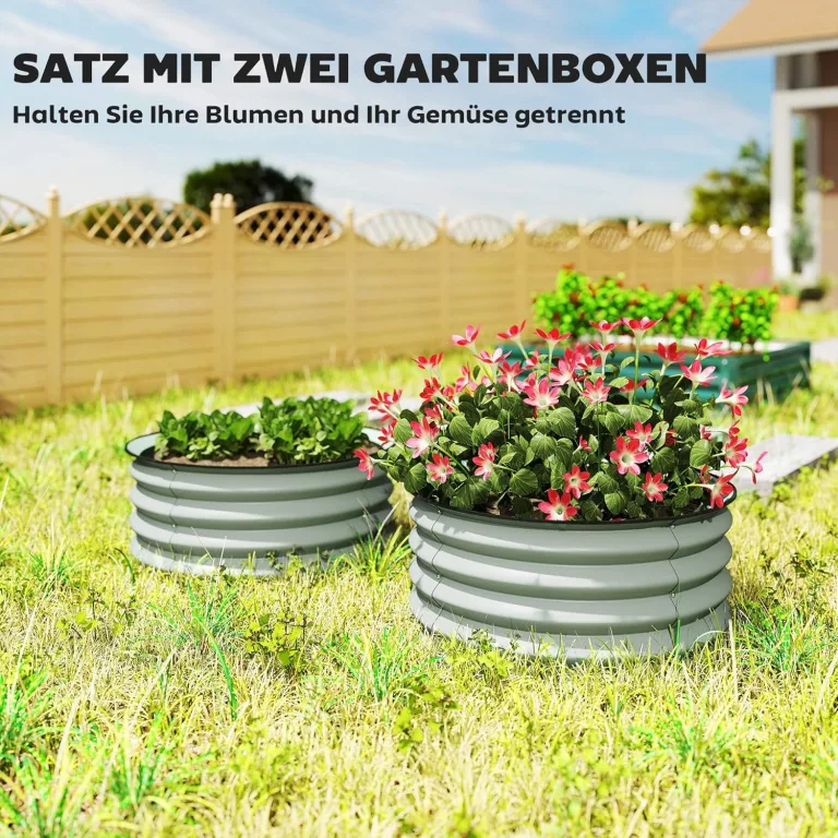 Outsunny 2er-Set Hochbeet aus Stahl, Pflanzbeet Frühbeet Gartenbeet Blumenkasten stapelbar, Pflanzkasten Gemüsebeet Ø60x30cm für Garten Balkon, Pflanzkübel für Blumen, Pflanzen, Gemüse – Bild 3