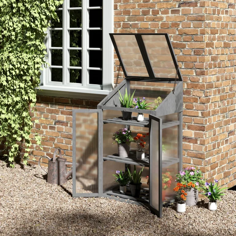 Outsunny Frühbeet aus Holz, Mini Gewächshaus 70 x 50 x 120 cm, Treibhaus mit Abdeckung, Fenster, Doppeltür, lichtdurchlässig Frühbeetkasten mit 3 Regale, Winterfest Hochbeet für Garten, Balkon, Grau – Bild 2
