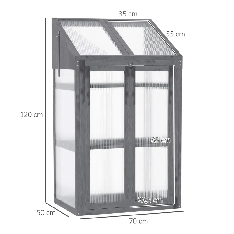 Outsunny Frühbeet aus Holz, Mini Gewächshaus 70 x 50 x 120 cm, Treibhaus mit Abdeckung, Fenster, Doppeltür, lichtdurchlässig Frühbeetkasten mit 3 Regale, Winterfest Hochbeet für Garten, Balkon, Grau – Bild 7