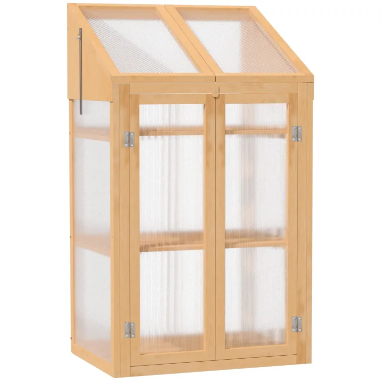 Outsunny Frühbeet aus Holz, Mini Gewächshaus 70 x 50 x 120 cm, Treibhaus mit Abdeckung, Fenster, Doppeltür, lichtdurchlässig Frühbeetkasten mit 3 Regale, Winterfest Hochbeet für Garten, Balkon, Grau – Bild 9