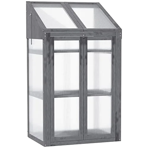 Outsunny Frühbeet aus Holz, Mini Gewächshaus 70 x 50 x 120 cm, Treibhaus mit Abdeckung, Fenster, Doppeltür, lichtdurchlässig Frühbeetkasten mit 3 Regale, Winterfest Hochbeet für Garten, Balkon, Grau – Bild 10