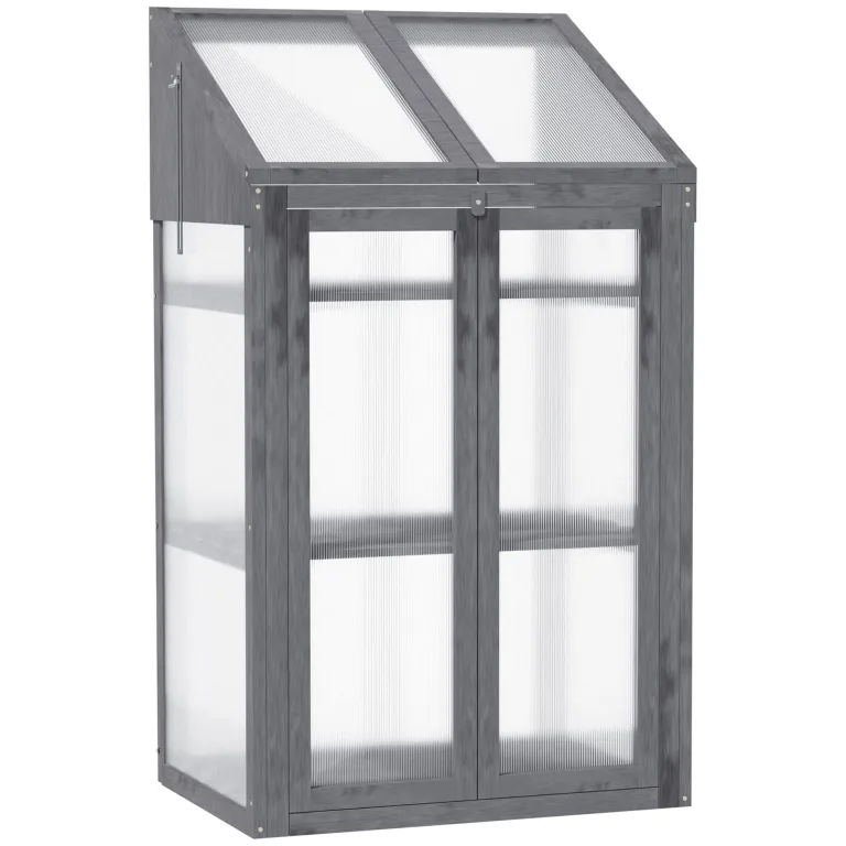 Outsunny Frühbeet aus Holz, Mini Gewächshaus 70 x 50 x 120 cm, Treibhaus mit Abdeckung, Fenster, Doppeltür, lichtdurchlässig Frühbeetkasten mit 3 Regale, Winterfest Hochbeet für Garten, Balkon, Grau – Bild 1