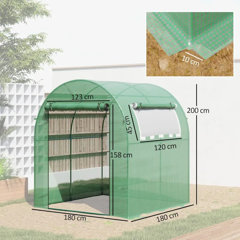 Outsunny Gewächshaus, Foliengewächshaus mit Aufrollbare Fenster & Tür, Netzfenster UV Schutz, Folientunnel, Tomatenhaus Winterfest Treibhaus für Garten, Balkon, 1,8 x 1,8 x 2 m Grün – Bild 7
