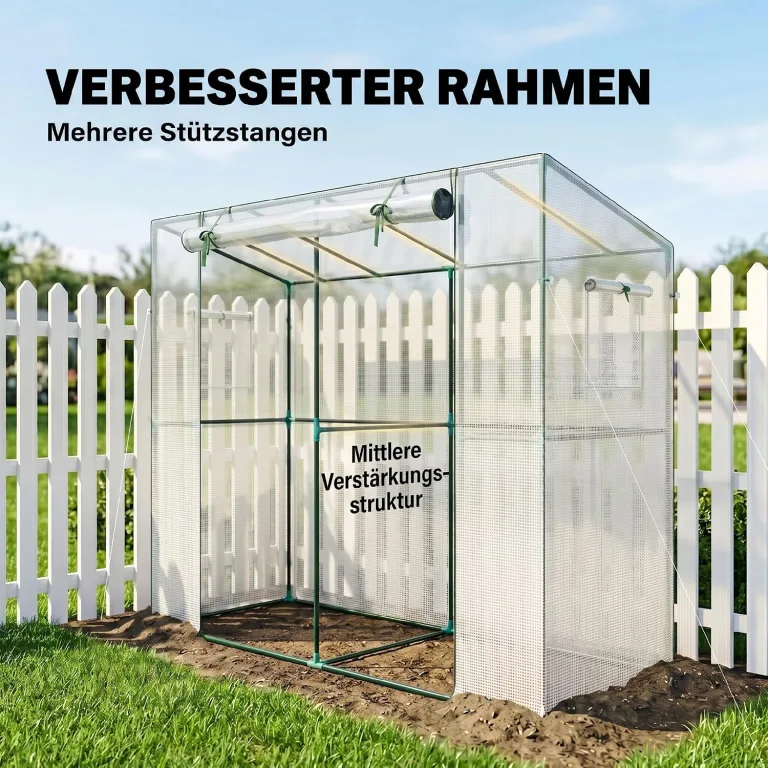 Outsunny Gewächshaus mit Rolltür 2 Fenster, Winterfest Foliengewächshaus aus Stahl, Treibhaus für Balkon, Garten, Tomatenhaus mit UV Schutz 200x76x170cm Tomatengewächshaus für Gemüse Blumen, Weiß – Bild 3