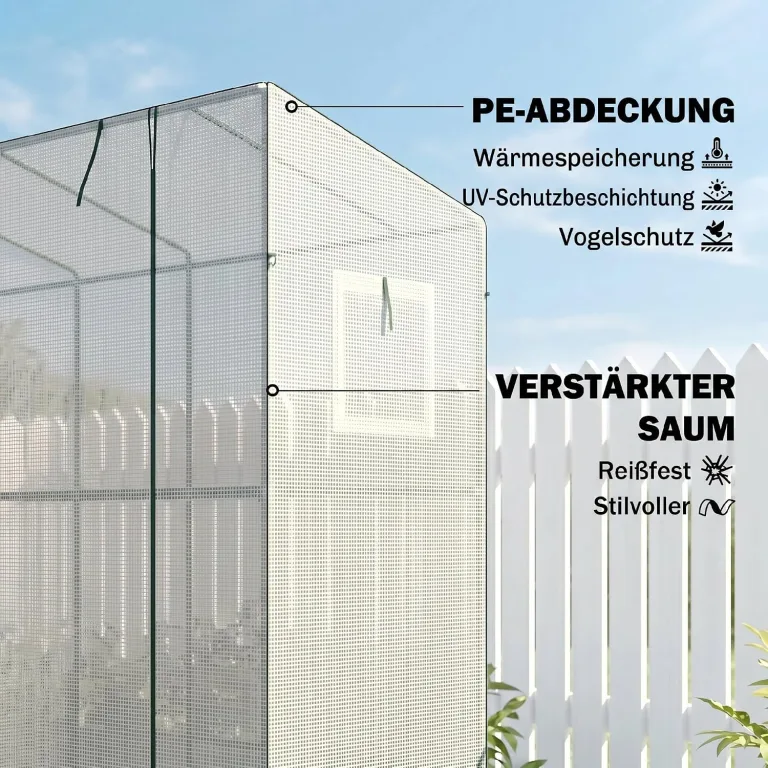Outsunny Gewächshaus mit Rolltür 2 Fenster, Winterfest Foliengewächshaus aus Stahl, Treibhaus für Balkon, Garten, Tomatenhaus mit UV Schutz 200x76x170cm Tomatengewächshaus für Gemüse Blumen, Weiß – Bild 4
