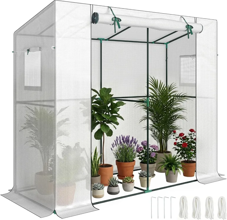 Outsunny Gewächshaus mit Rolltür 2 Fenster, Winterfest Foliengewächshaus aus Stahl, Treibhaus für Balkon, Garten, Tomatenhaus mit UV Schutz 200x76x170cm Tomatengewächshaus für Gemüse Blumen, Weiß – Bild 1