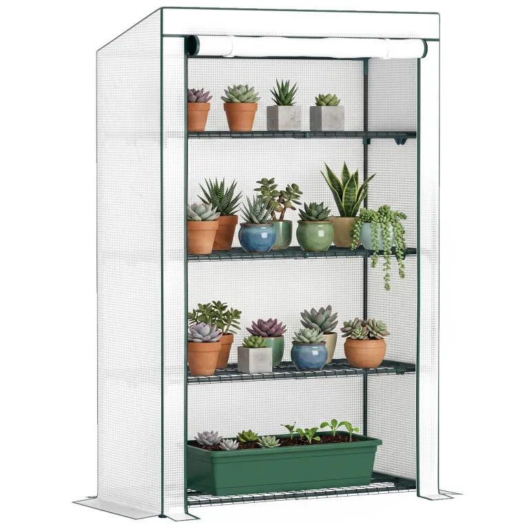 Outsunny 4-stöckiges Mini-Gewächshaus mit verstärkter PE-Abdeckung, tragbares kleines Gewächshaus mit aufrollbarer Tür, grau gesäumter Rand, 110 x 50 x 171 cm, Grau – Bild 10
