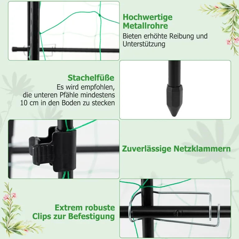 COSTWAY Gurke Rankgitter 180cm hoch, einstellbare Breite, Rankhilfe mit Ranknetz, Garten Gurkengitter Metall, Pflanzenspalier für Kletterpflanzen, Gitterspalier für Gurken Tomaten Efeu, inkl. Zubehör – Bild 6